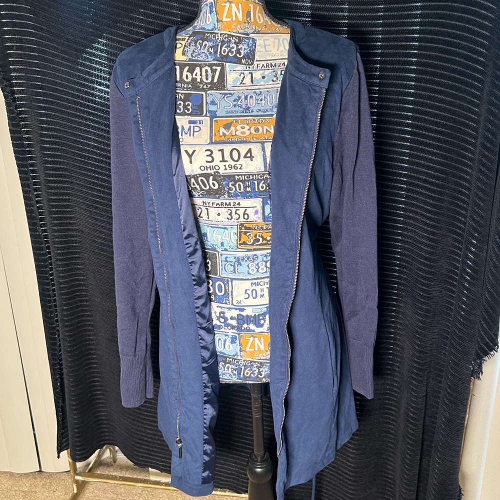 H by Halston Faux Suede Belted Jacket with Sweater Sleeves - Blue, 10